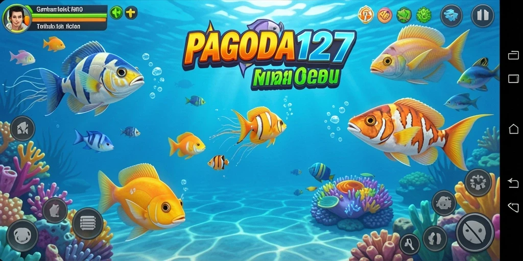 Screenshot utama PAGODA127 menampilkan gameplay menangkap ikan.