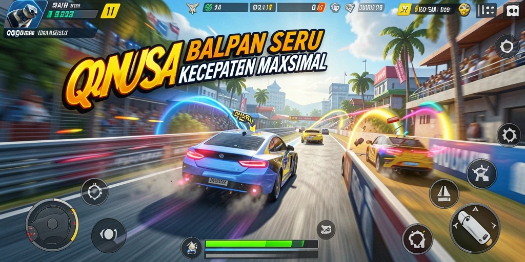 Gameplay balapan seru dalam QQNUSA dengan kendaraan beragam.