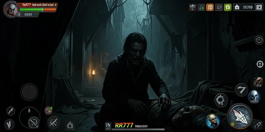 Tangkapan layar gameplay RR777 menampilkan suasana mencekam di dunia horror.